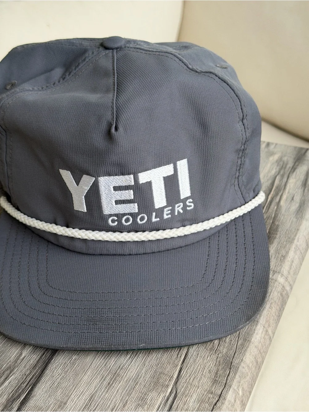 Yeti Coolers Cap Hat with White Rope Trim Snap Back Gray White Rope Embroidered